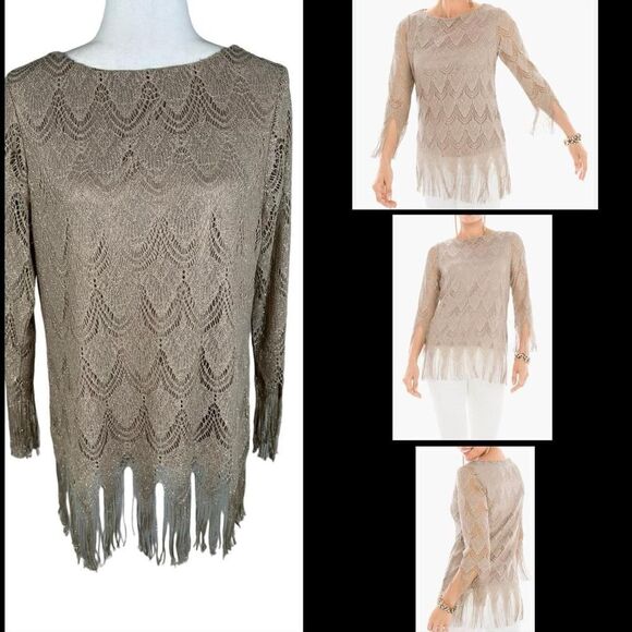 Chico’s Gold Metallic Scalloped Fringe Trim Dressy Top - Picture 4 of 11
